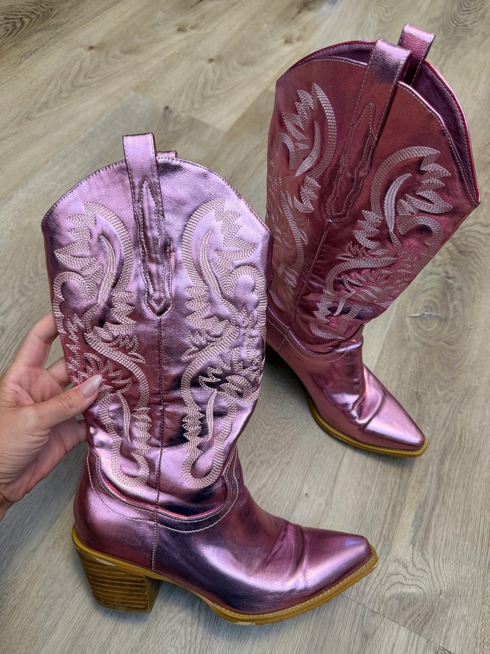 Metallic Pink Western Cowgirl Boots - Women's Fashion Boots